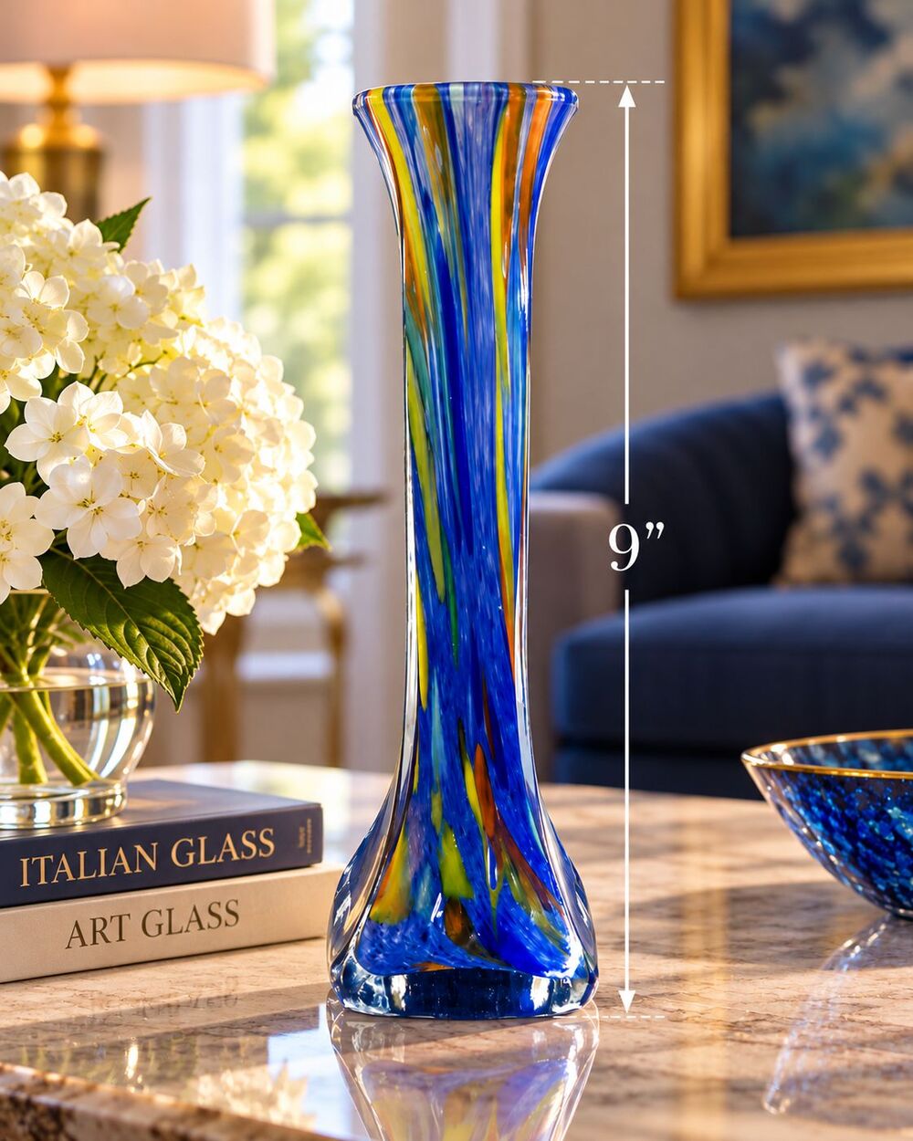Murano Art Glass Vase Cobalt Blue Multicolor Swirl Square Base 9" Tall Italy